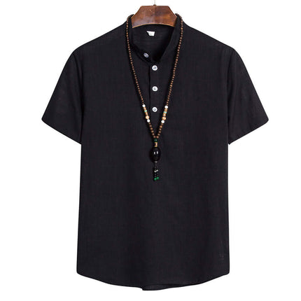Mens Chinese Style Cotton Linen Summer Hanfu T Shirt comfortable neckline cut