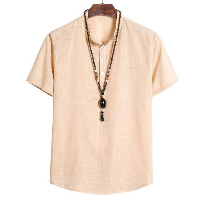 Mens Chinese Style Cotton Linen Summer Hanfu T Shirt model casual oriental look