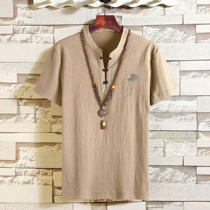 Mens Chinese Style Cotton Linen Summer Hanfu T Shirt loose summer fit demonstration