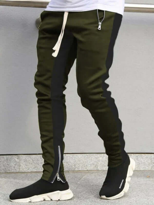 Men Color Block Casual Pants with Multi Zipper Pockets front view