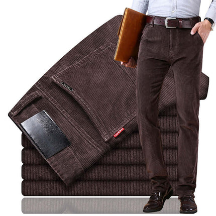 Mens Corduroy Trousers dark khaki office wear.