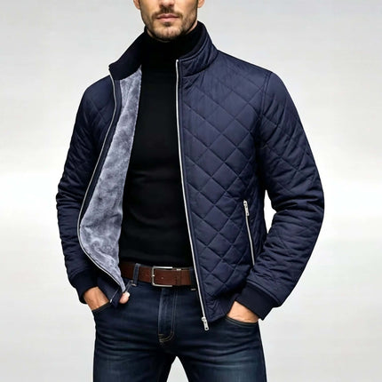 Mens Diamond Plaid Quilted Cotton Winter Jacket Diamond Stitching Detail