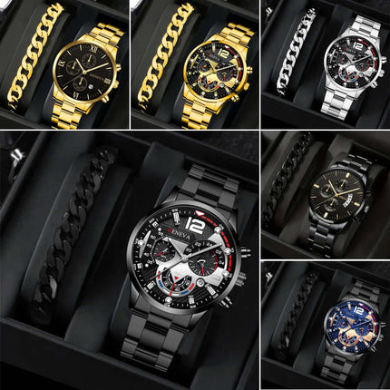 Men's Fashion Business Three-Eye Quartz Watch & Bracelet Set displayed in an elegant box.