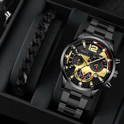 Men's Fashion Business Three-Eye Quartz Watch & Bracelet Set displayed in a stylish black box with a sleek design.