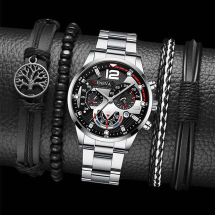 Men's Fashion Business Three-Eye Quartz Watch & Bracelet Set showcasing a sleek design and stylish accessories.