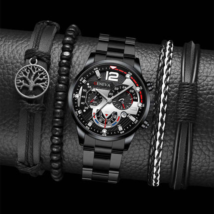 Men's Fashion Business Three-Eye Quartz Watch & Bracelet Set showcasing a sleek black watch and stylish bracelets.