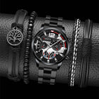 Men's Fashion Business Three-Eye Quartz Watch & Bracelet Set showcasing a sleek black watch and stylish bracelets.