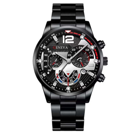 Men's Fashion Business Three-Eye Quartz Watch & Bracelet Set in sleek black design with chronograph features.