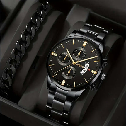 Men's Fashion Business Three-Eye Quartz Watch & Bracelet Set in a sleek black design, displayed in a stylish box.