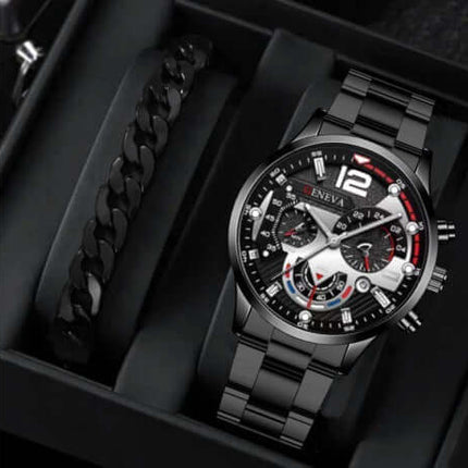 Men's Fashion Business Three-Eye Quartz Watch & Bracelet Set in black presented in a stylish box.