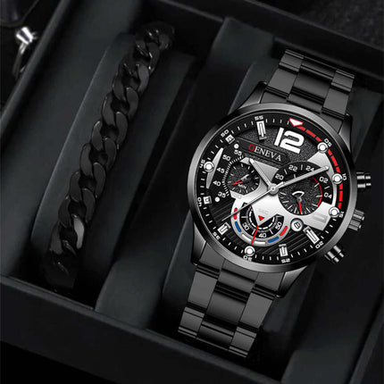Men's Fashion Business Three-Eye Quartz Watch & Bracelet Set in a stylish gift box display.