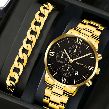 Men's Fashion Business Three-Eye Quartz Watch & Bracelet Set featuring a gold-tone watch and matching bracelet.