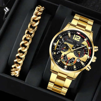 Men's Fashion Business Three-Eye Quartz Watch & Bracelet Set displayed in a luxury gift box.