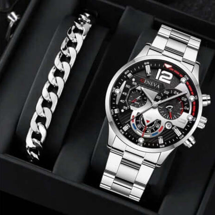 Men's Fashion Business Three-Eye Quartz Watch & Bracelet Set displayed in a stylish black box.