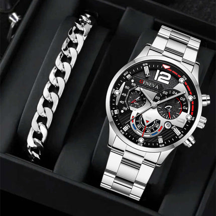 Men's Fashion Business Three-Eye Quartz Watch & Bracelet Set displayed in a stylish black box.