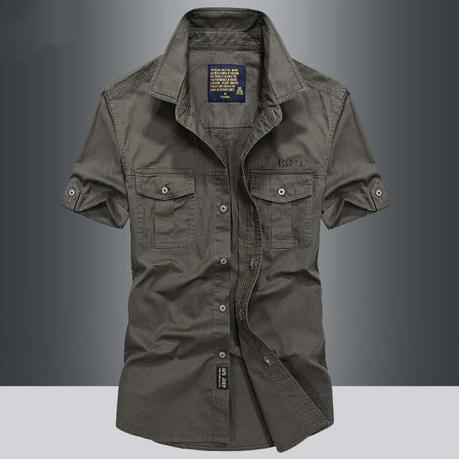 Mens Fashion Loose Cargo Pure Cotton Shirt solid color youth style