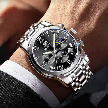 Mens Fashion Quartz Watch Waterproof Stainless steel belt black.