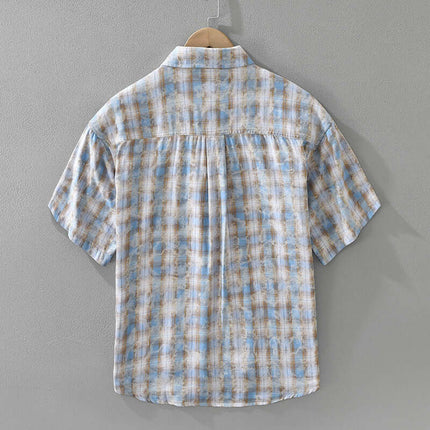 Mens Fashionable Plaid Short Sleeve Shirt back view on hanger