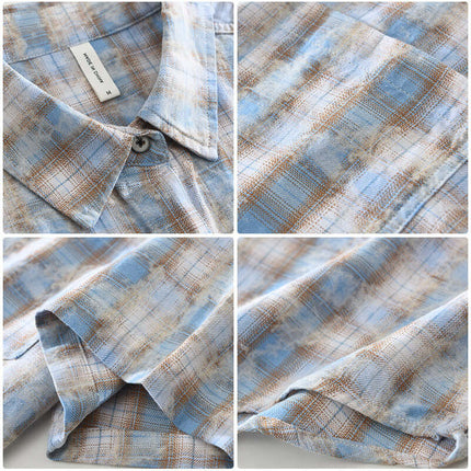 Mens Fashionable Plaid Short Sleeve Shirt in stylish blue and brown plaid pattern, showcasing collar and sleeve details.