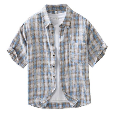 Mens Fashionable Plaid Short Sleeve Shirt in light blue and beige cotton fabric, featuring a button-down design and pocket.