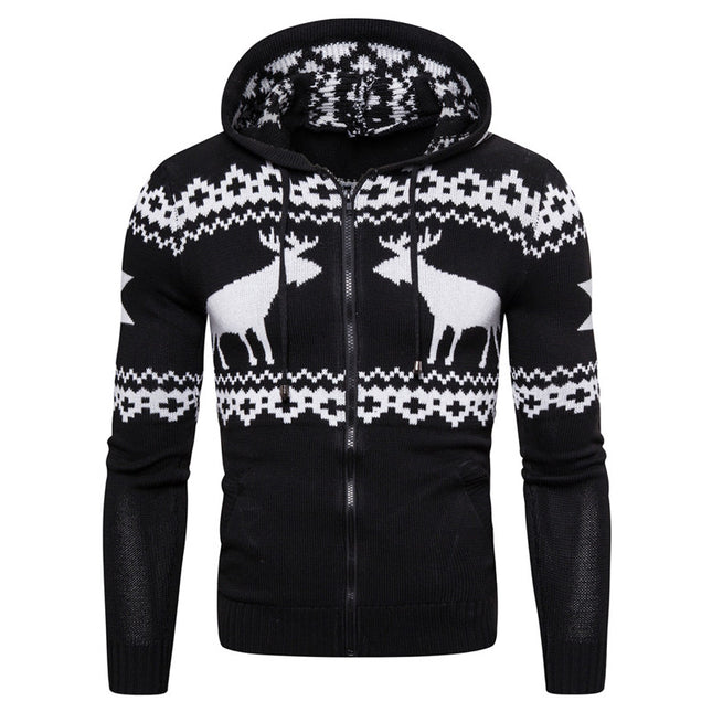 men’s fawn christmas hooded zip sweater holiday pattern