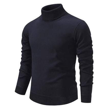 Mens Fleece Lined Turtleneck Knitted Sweater in navy blue, featuring a cozy fleece lining for warmth.