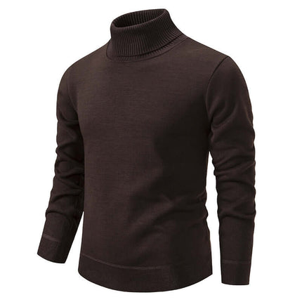Mens Fleece Lined Turtleneck Knitted Sweater in dark brown, featuring a stylish turtleneck and long sleeves.