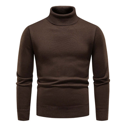 Mens Fleece Lined Turtleneck Knitted Sweater in brown color, featuring a cozy design and classic turtleneck style.
