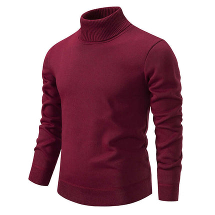 Mens Fleece Lined Turtleneck Knitted Sweater in burgundy color, featuring a cozy turtleneck design.