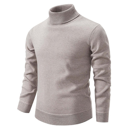 Mens Fleece Lined Turtleneck Knitted Sweater in light gray, featuring a cozy and stylish design.