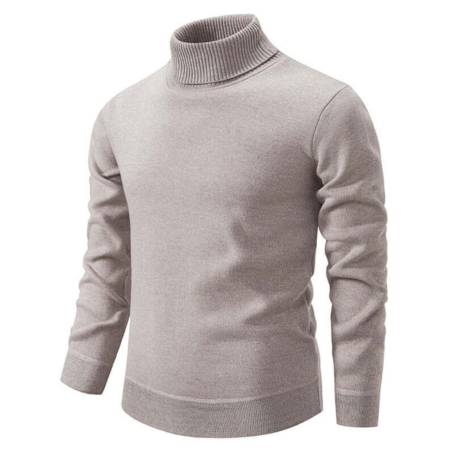 Mens Fleece Lined Turtleneck Knitted Sweater in light gray, featuring a cozy and stylish design.