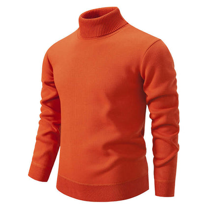 Mens Fleece Lined Turtleneck Knitted Sweater in vibrant orange color, showcasing a cozy and stylish design.