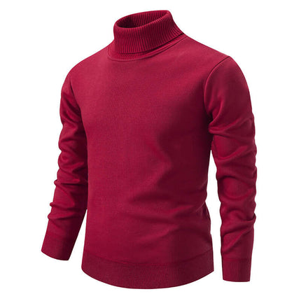 Mens Fleece Lined Turtleneck Knitted Sweater in vibrant red, perfect for warmth and style.