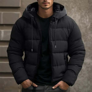 Mens Hooded Jacket Winter Pockets Zip up Casual Coat in black, worn by a man against a textured grey background.