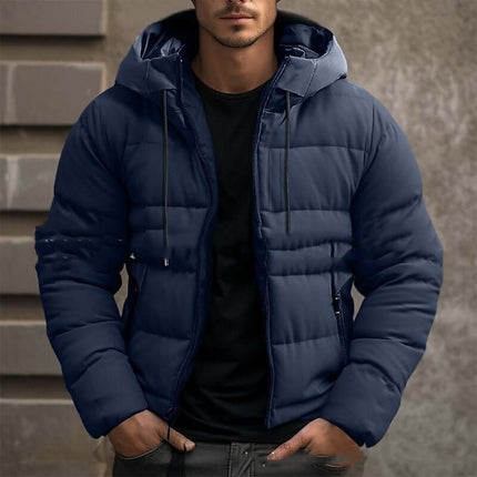 Mens Hooded Jacket Winter Pockets Zip up Casual Coat in navy worn by a model against a textured wall.
