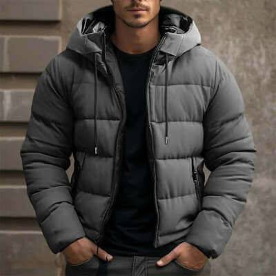 Mens Hooded Jacket Winter Pockets Zip up Casual Coat in sleek gray, perfect for casual winter outings.