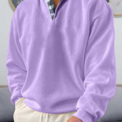 men's lapel long sleeve solid color loose fit polo shirt fabric closeup