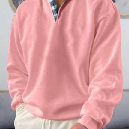 men's lapel long sleeve solid color loose fit polo shirt model wearing