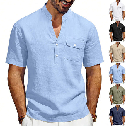 Men's Linen T-Shirt Summer Casual Top close up macro view highlighting premium breathable linen blend fabric texture