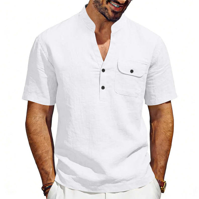 Men's Linen T-Shirt Summer Casual Top minimalist white pullover laying flat under professional studio lighting