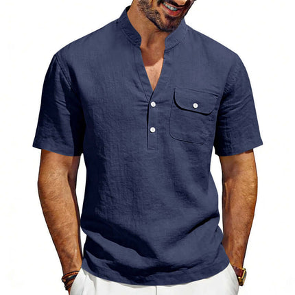 Men's Linen T-Shirt Summer Casual Top neat short sleeve hemline profile focusing on clean structural fabric cuts