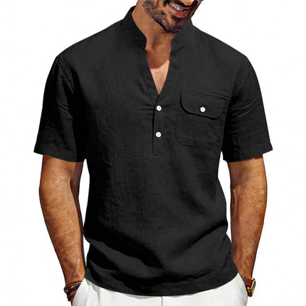 Men's Linen T-Shirt Summer Casual Top classic casual black variation displayed on a dynamic retail presentation frame