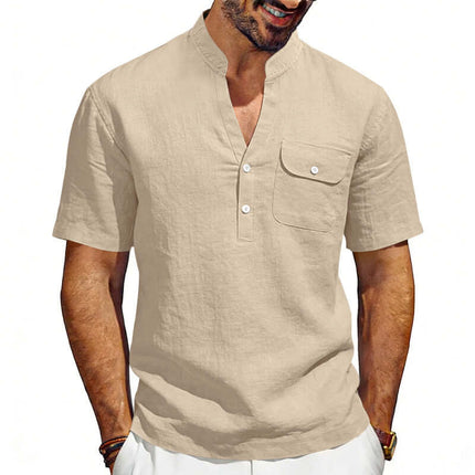 Men's Linen T-Shirt Summer Casual Top authentic khaki shade top showing smooth crew neck collar stitching work