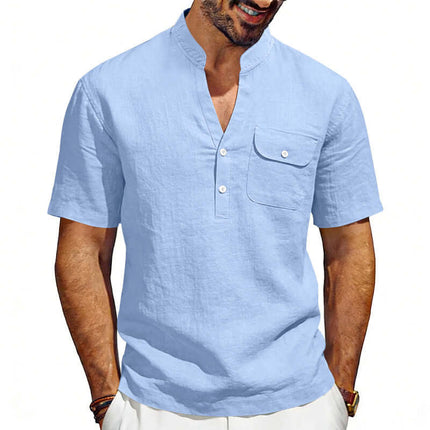 Men's Linen T-Shirt Summer Casual Top deep navy blue summer apparel garment demonstrating loose thin ventilation weave