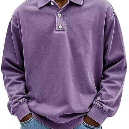 Mens Long Sleeve Polo Shirt solid color male top
