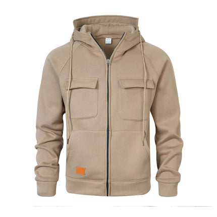 Mens Loose Fit Hoodie Stand Collar Multiple Pockets in beige with front zipper and multiple pockets.