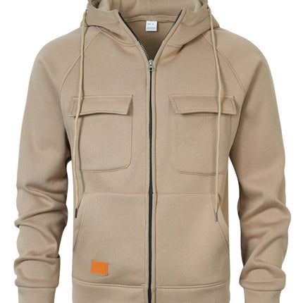 Mens Loose Fit Hoodie Stand Collar Multiple Pockets in beige with front pockets and drawstrings.