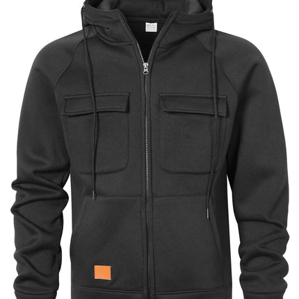 Mens Loose Fit Hoodie Stand Collar Multiple Pockets in black with front pockets and zipper closure.