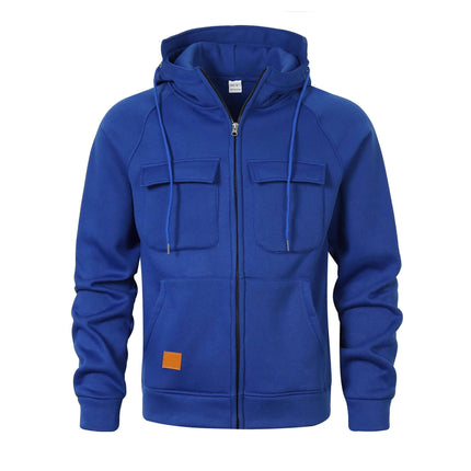 Mens Loose Fit Hoodie Stand Collar Multiple Pockets in blue with two chest pockets and adjustable hood