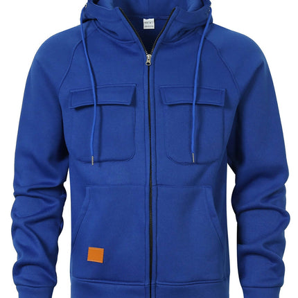 Mens Loose Fit Hoodie Stand Collar Multiple Pockets in blue with front zipper and multiple pockets.